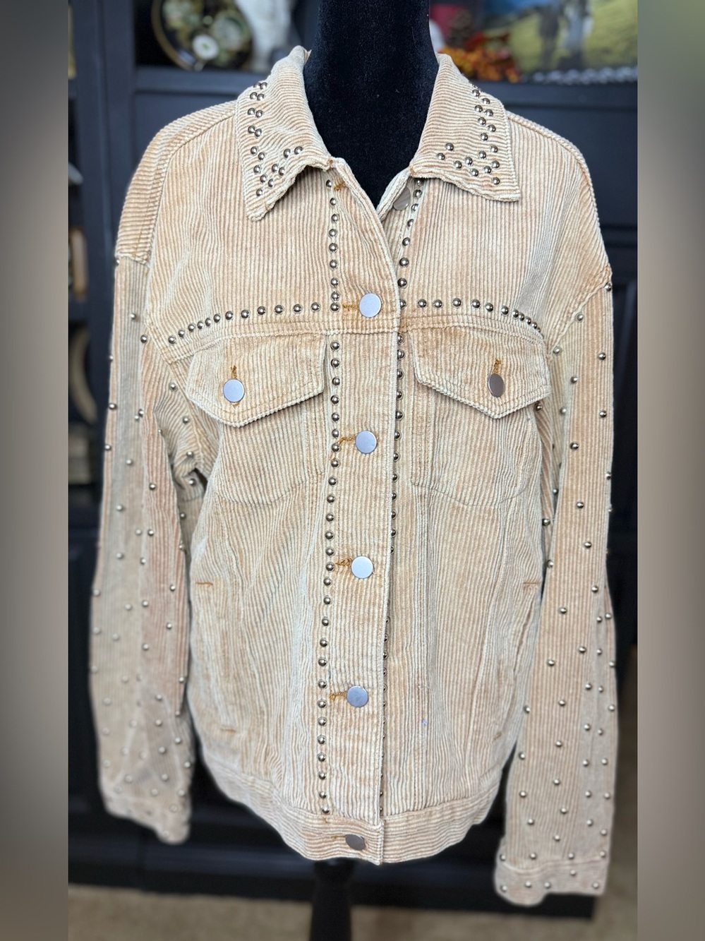 POL Tan Corduroy western studded jacket 100% cotton lightweight Fall coat Sm EC